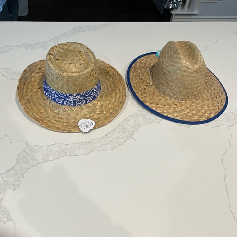 New Straw Sun Hat with Blue Trim set of 2